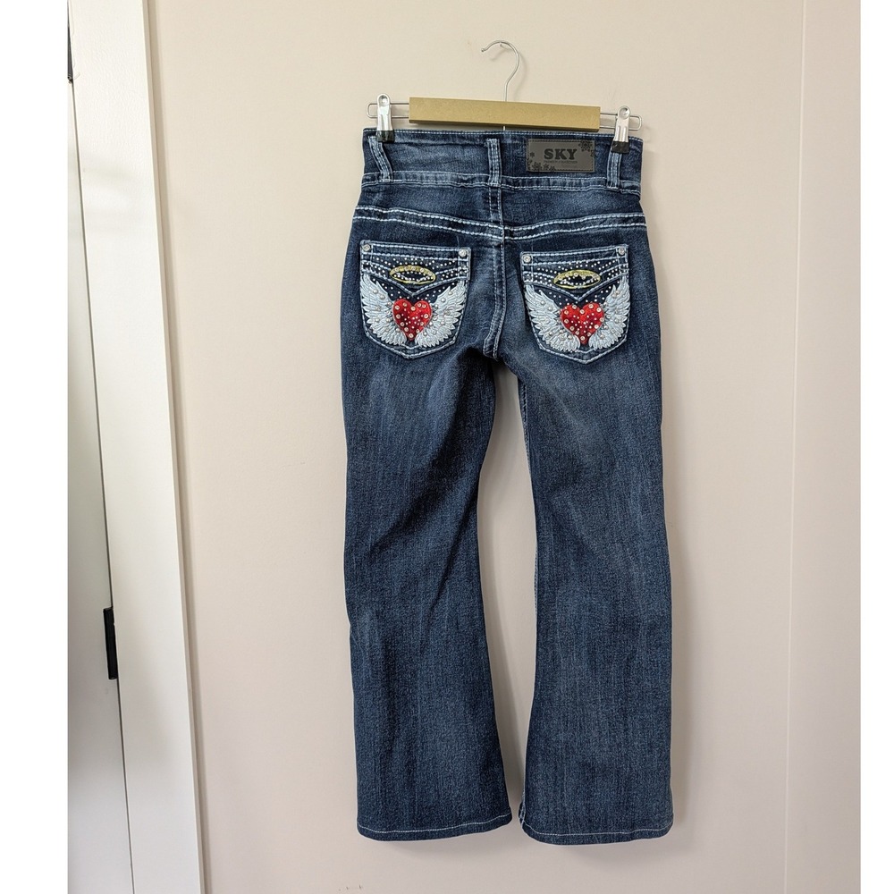 SKY Collection Y2K Angel Wing Heart Flare Jeans Dark Wash Studded 5/6
